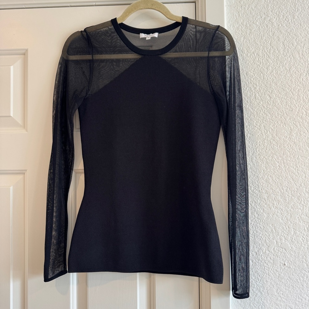 Reiss Black Fitted Blouse with Sheer Sleeves
